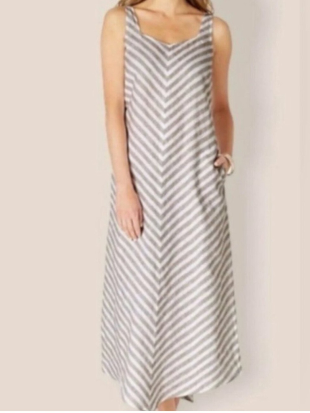 J. Jill Love Linen Brown And White Chevron Stripe Maxi Dress. Plus Size 2X.